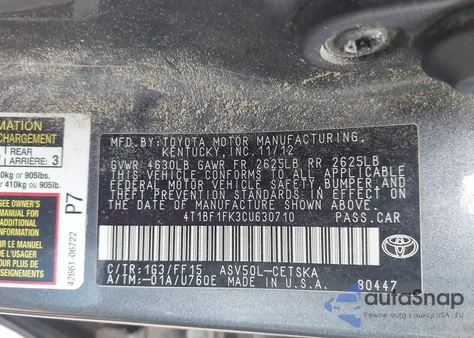 2012 Toyota Camry Se from USA, damaged, VIN 4T1BF1FK3CU630710